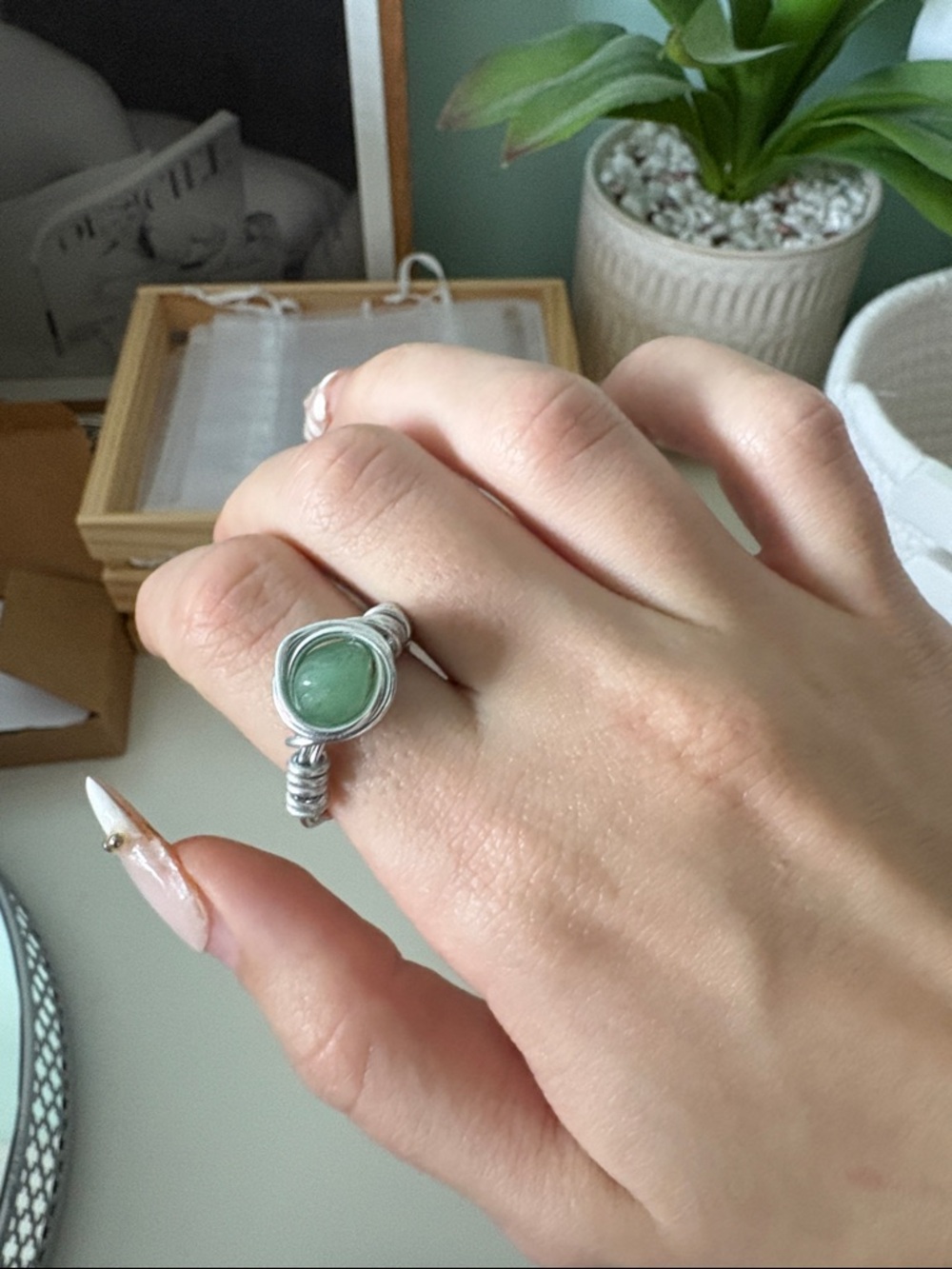 Sterling-Style Wire Wrap Ring with Green Gemstone